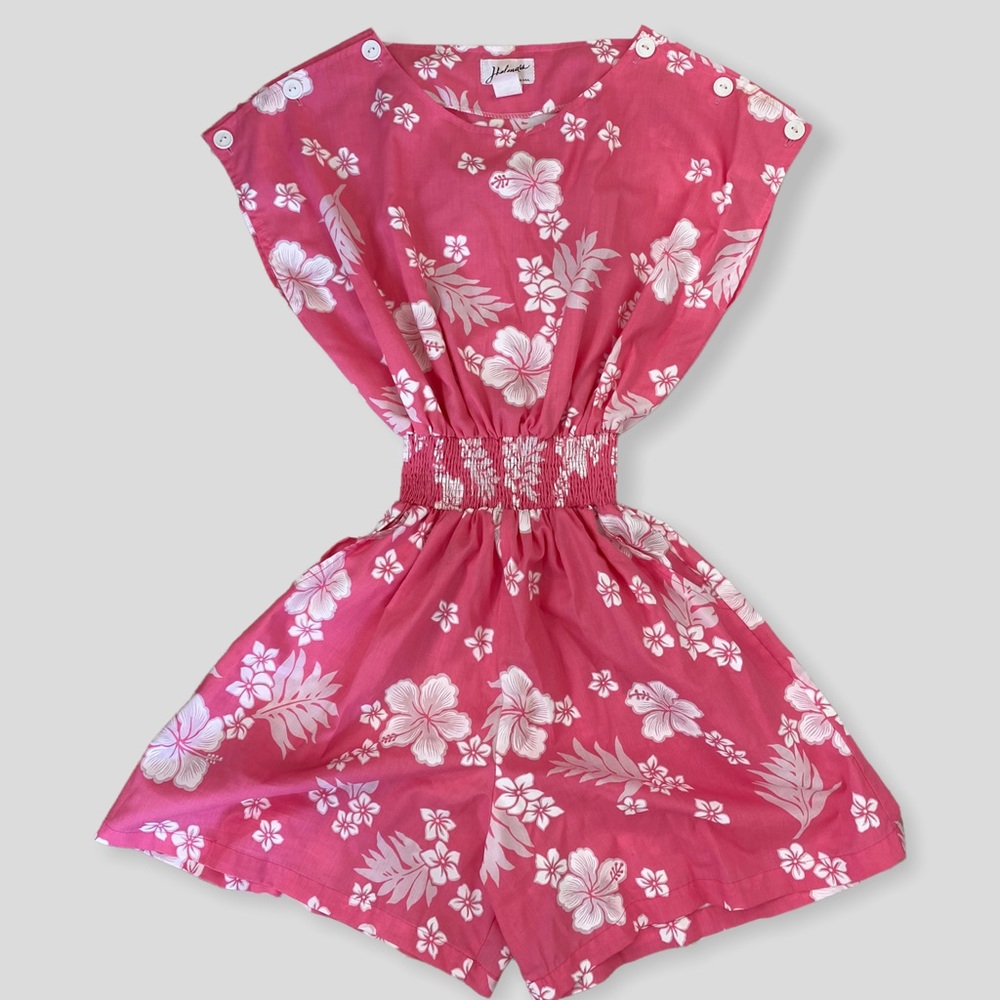 Vintage Pink and White Hawaiian Floral Romper with Pockets and Elastic Waist